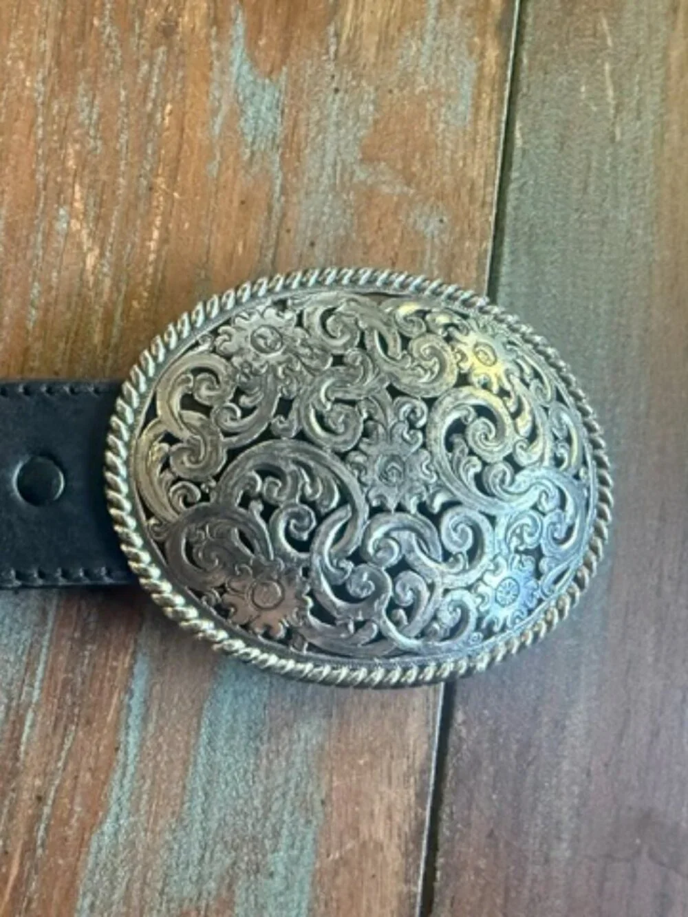 Tony Lama Black Pierced Filigree Leather Western Belt & Silver Buckle Sz 36